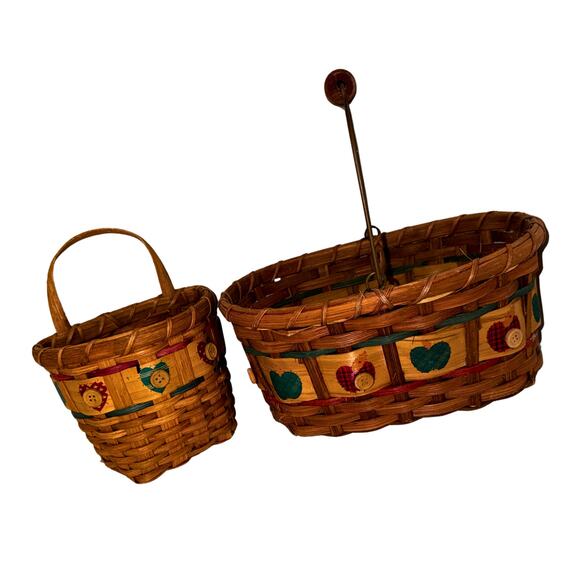 Vintage Country Heart Button Basket Duo – Rustic Wood Handle Wall & Table Set - Picture 3 of 11